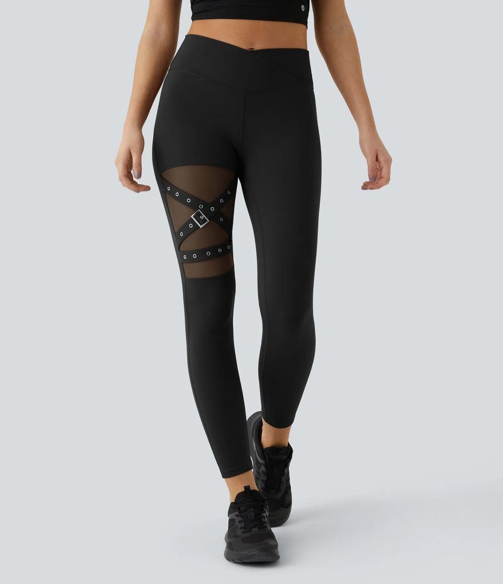 Halara High Waisted Crossover Contrast Mesh Buckle Yoga Leggings Black M